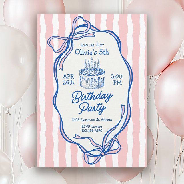 Convites Cute Pink Doodle Frame and Bows 5th Birthday (Available in both printed and instant download digital formats.)