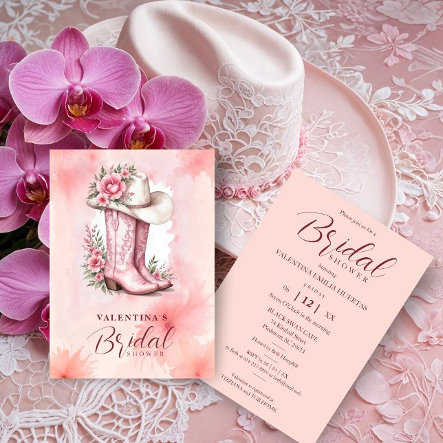 Convites Cute Pink Floral Cowgirl Hat & Boots Bridal Shower (Cute Pink Floral Cowgirl Hat & Boots Bridal Shower Invitations Cards. )