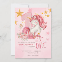 Cute Pink Pastel Unicorn 1st Birthday Invitation