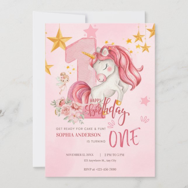 Convites Cute Pink Pastel Unicorn 1st Birthday Invitation (Frente)