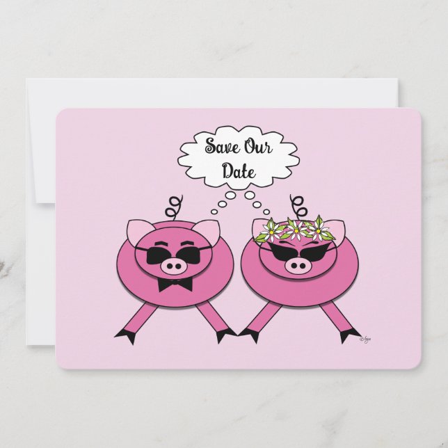 Convites Cute Pink Pig Couple Save the Date | Back Photo (Frente)