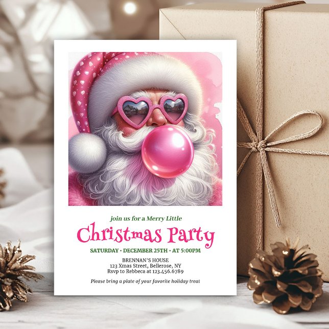 Convites Cute pink santa bubble gum watercolor Christmas  (Elegant Pink Santa Bubble Gum Funny Christmas Invitation

)