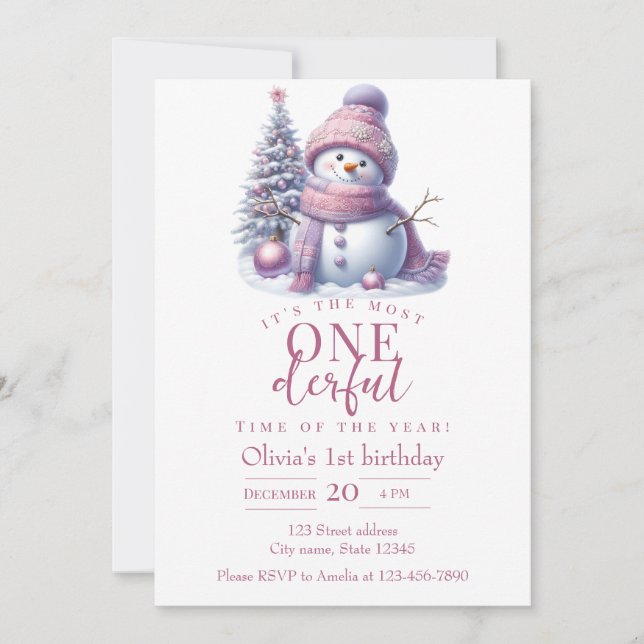 Convites Cute Pink Snowman Winter Birthday Invitation (Frente)