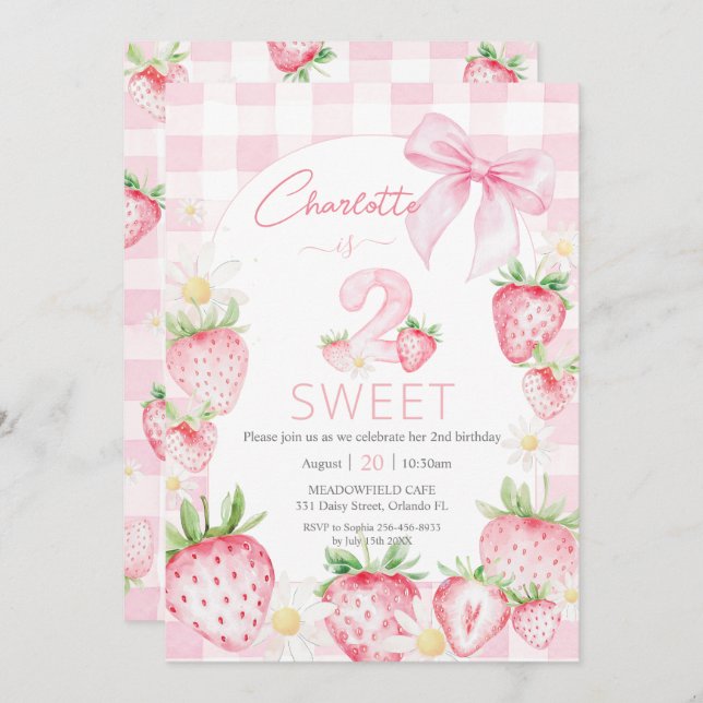 Convites Cute Pink Strawberries Berry 2nd Second Birthday (Frente/Verso)