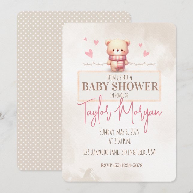 Convites Cute Pink Teddy Bear Baby Shower  (Frente/Verso)