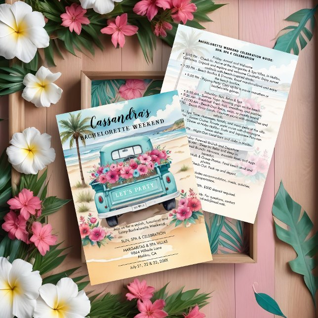 Convites Cute Pink Turquoise Floral Van Beach Bachelorette (Cute Pink & Turquoise Floral Van in Beach Bachelorette Weekend Invitations Cards and Plans.)