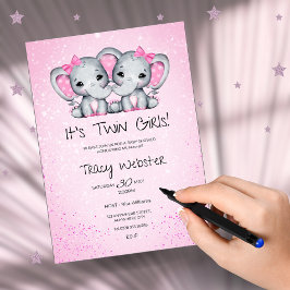 Convites Cute, Pink Twin Baby Elephants Baby Shower 