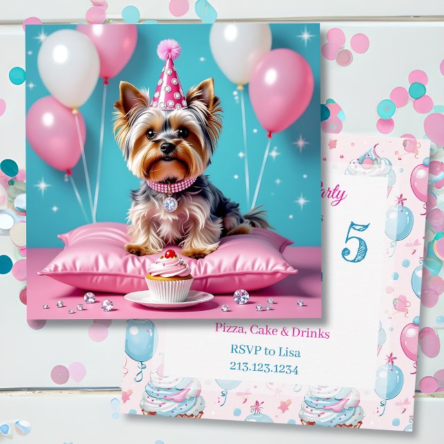 Convites Cute Pink Yorkie Girl's  Birthday Party (Criador carregado)