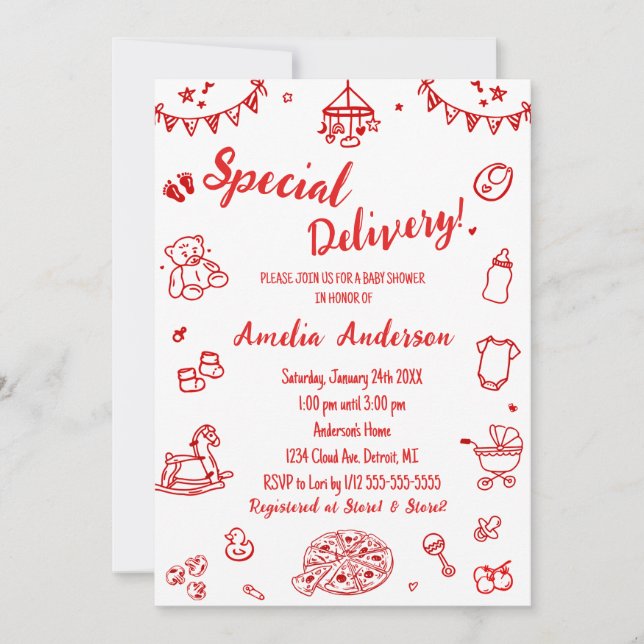 Convites Cute Pizza Special Delivery Doodle Baby Shower (Frente)