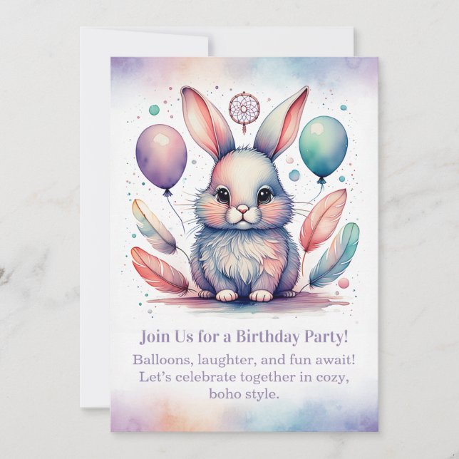 Convites Cute Rabbit Birthday Invitation Woodland Boho  (Frente)