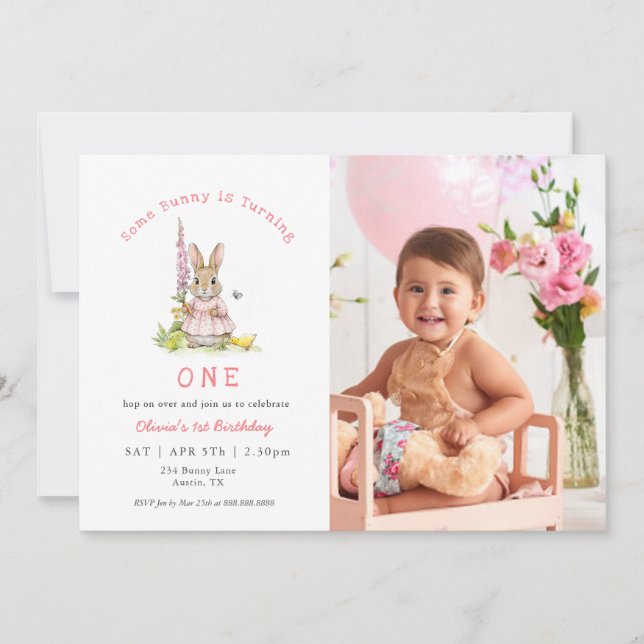Convites Cute Rabbit Pink Baby Girl 1st birthday Photo (Frente)