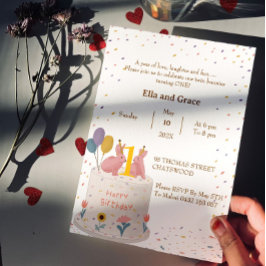 Convites Cute Rabbits on Cake Twin Girls 1st Birthday 