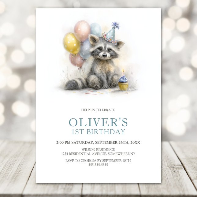 Convites Cute Raccoon 1st Birthday Party Invitation (Criador carregado)