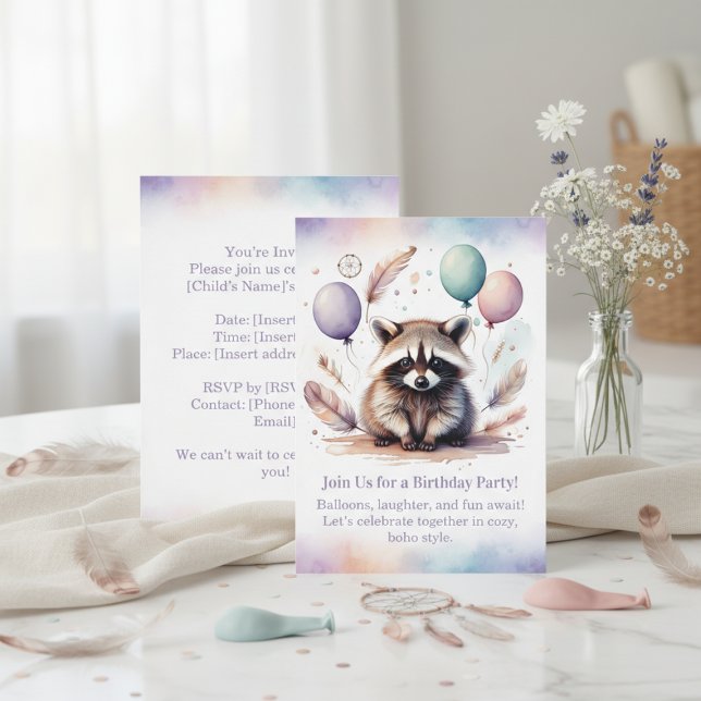 Convites Cute Raccoon Birthday Invitation Woodland Boho  (Cute Raccoon Birthday Invitation Woodland Boho)