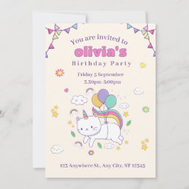 Convites Cute Rainbow Cat Unicorn Birthday Invitation 