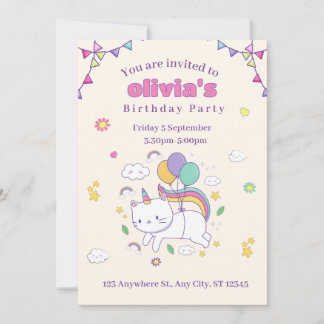 Convites Cute Rainbow Cat Unicorn Birthday Invitation 