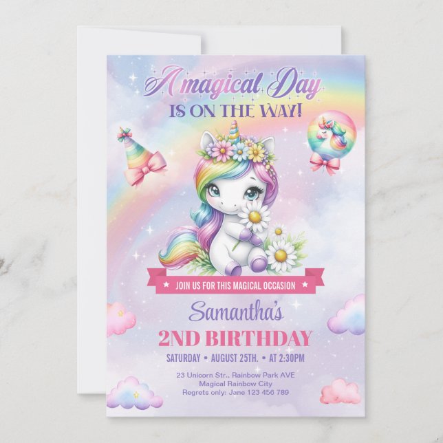Convites Cute Rainbow Unicorn com segundo aniversário de fl (Frente)