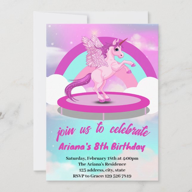 Convites Cute Rainbow Unicorn Trampoline Birthday Invitati (Frente)