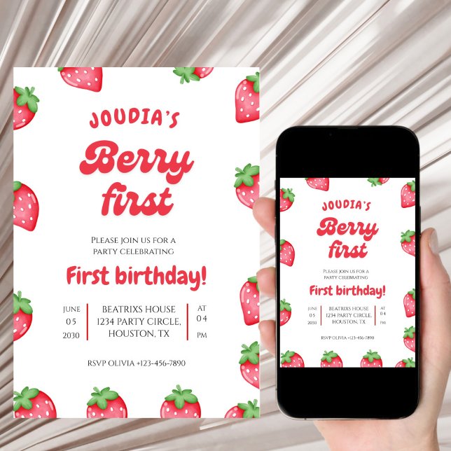 Convites Cute Red Berry First Birthday Watercolor  (Criador carregado)