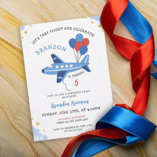 Convites Cute Red & Blue Airplane Balloon 5th Birthday