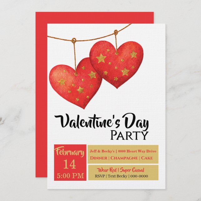 Convites Cute Red Hearts Valentines Day Party (Frente/Verso)