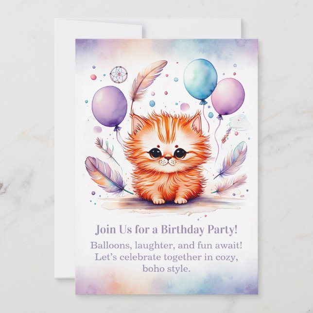 Convites Cute Red Kitten Birthday Invitation Pastel Boho  (Frente)