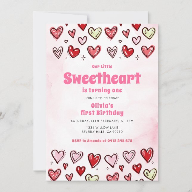 Convites Cute Red Pink Hearths Valentine 1st Birthday  (Frente)