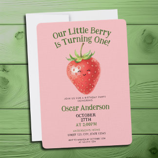 Convites Cute Red Watercolor Strawberry First Birthday