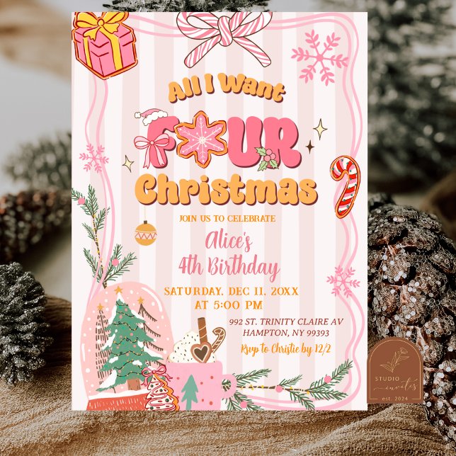 Convites Cute Retro Natal Inverno 4º Aniversário (Criador carregado)