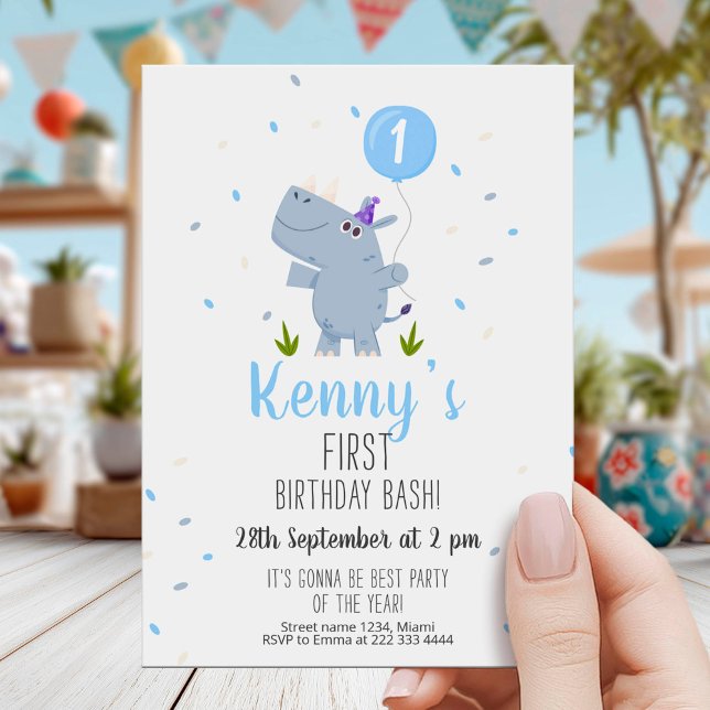 Convites Cute Rhino First Birthday Party Card (Criador carregado)