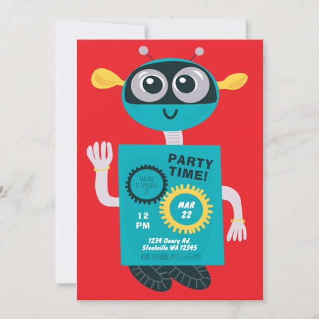 Convites Cute Robot Boys Second Birthday Invitation (Frente)