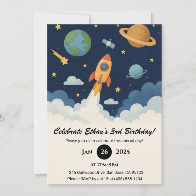 Convites Cute Rocket & Planet Space Art Birthday  (Frente)
