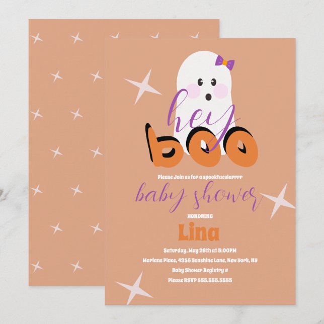 Convites Cute Roteiro Retro para Chá de Bebê de Halloween F (Frente/Verso)