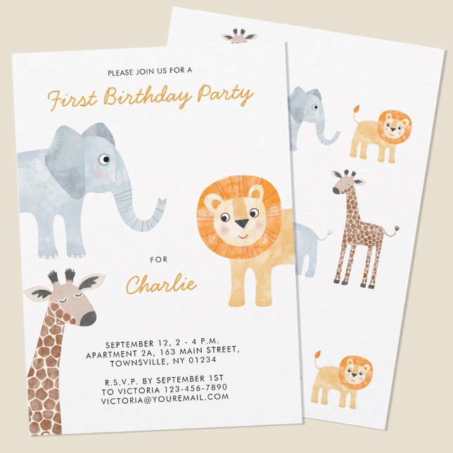 Convites Cute Safari Animal Primeiro primeiro aniversario (Fun baby safari animal themed first birthday party invitations with lion giraffe and elephant. )