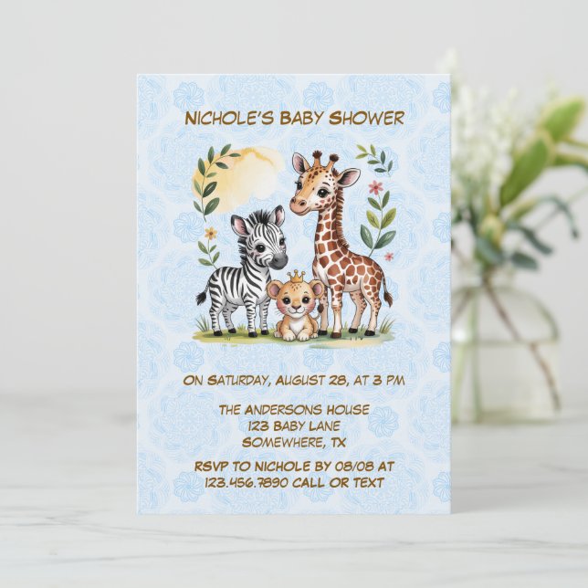 Convites Cute Safari Animal Trio Boy Baby Shower (Em pé/Frente)