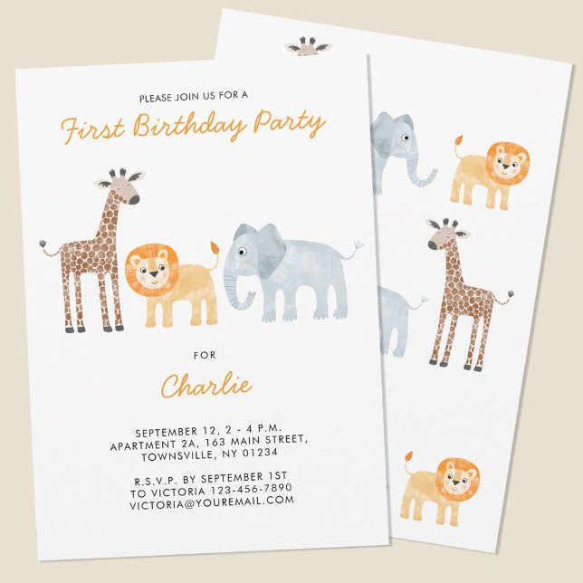 Convites Cute Safari — Primeira Festa de aniversário (Fun baby safari animal themed first birthday party invitation with custom text)