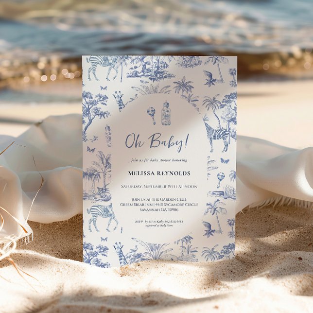 Convites Cute Safari Toile de Jouy | Chá de Bebê Azul (Criador carregado)