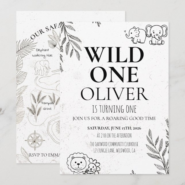 Convites Cute Safari Wild One 1st Birthday Map Party (Frente/Verso)