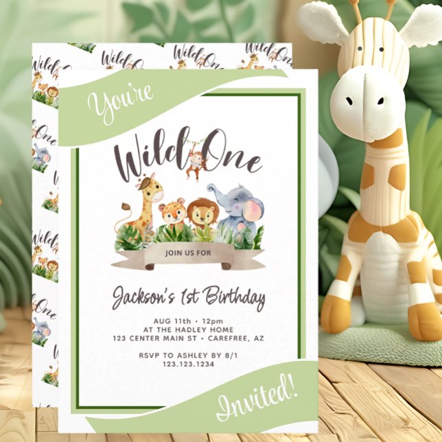 Convites Cute Safari Wild One Green Birthday (Criador carregado)