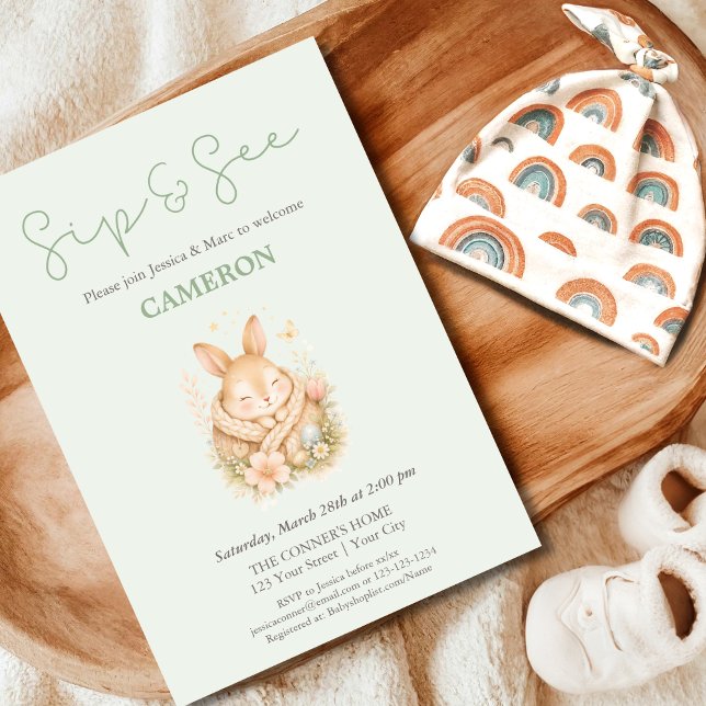Convites Cute Sage Green Little Bunny Bunny Sip and See  (Criador carregado)