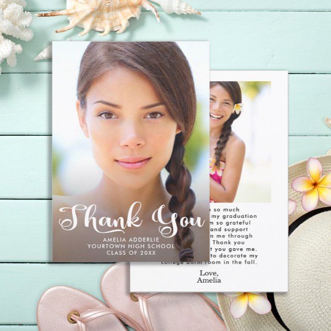 Convites Cute Script Graduação 2 Foto Obrigado  (2-sided, 2-photo graduation "Thank you" card)