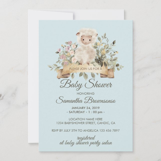 Convites Cute Sheep Lamb Botanical Blue Baby Shower (Frente)