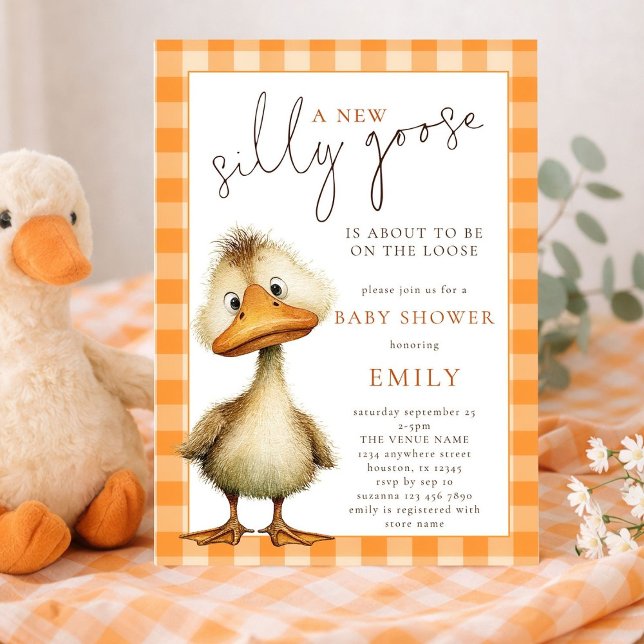 Convites Cute Silly Goose Orange Gingham Baby Shower (Criador carregado)