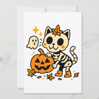 Convites Cute Skeleton Cat with Pumpkin Invitation