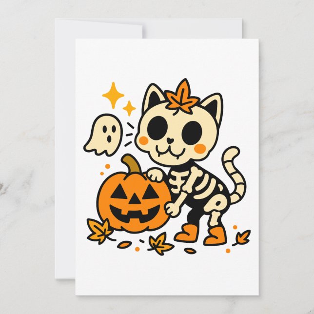 Convites Cute Skeleton Cat with Pumpkin Invitation (Frente)