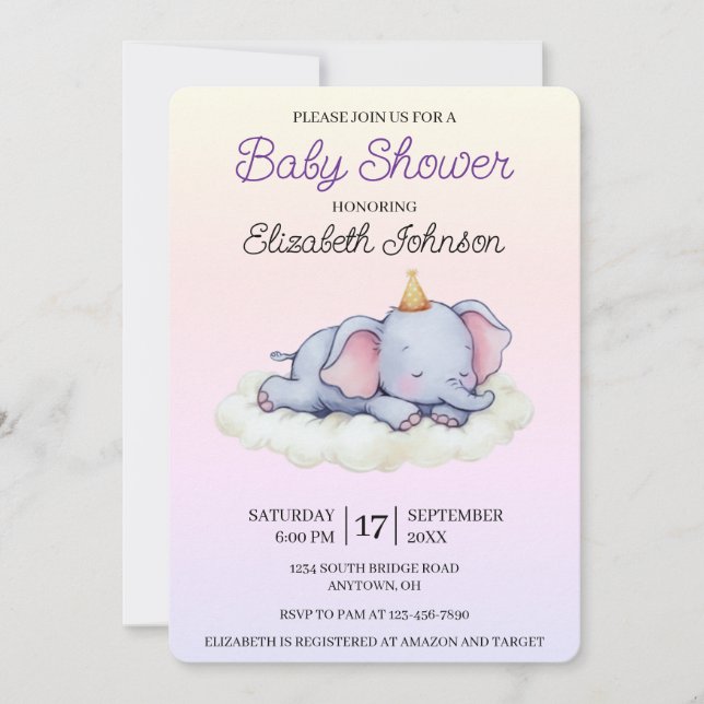Convites Cute Sleeping Elephant Baby Shower Invitation (Frente)
