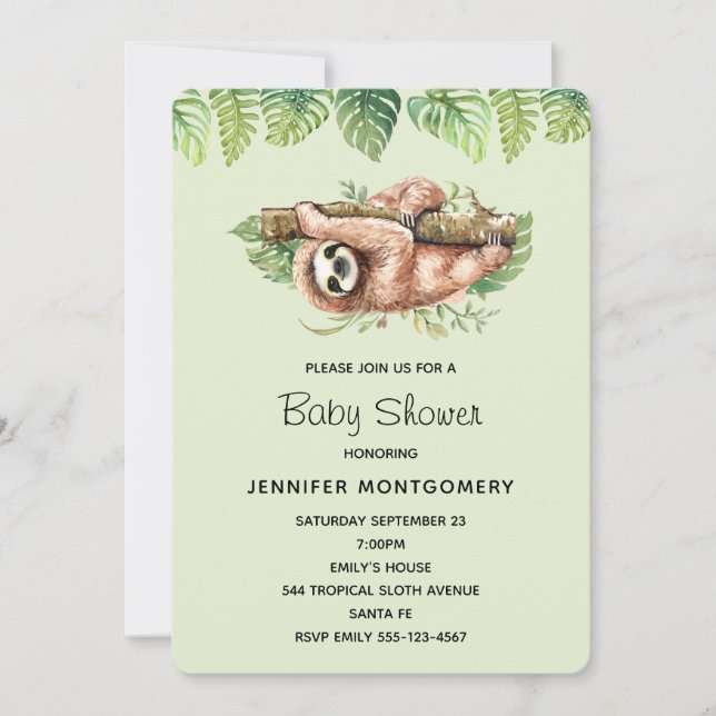 Convites Cute Sloth Aquarela & Folhas Tropicais de Banho (Frente)