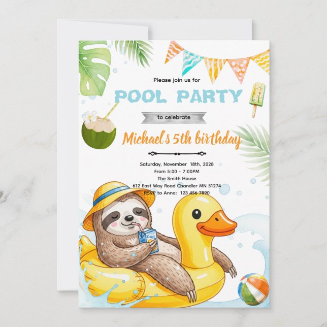 Convites Cute sloth pool theme invitation (Frente)