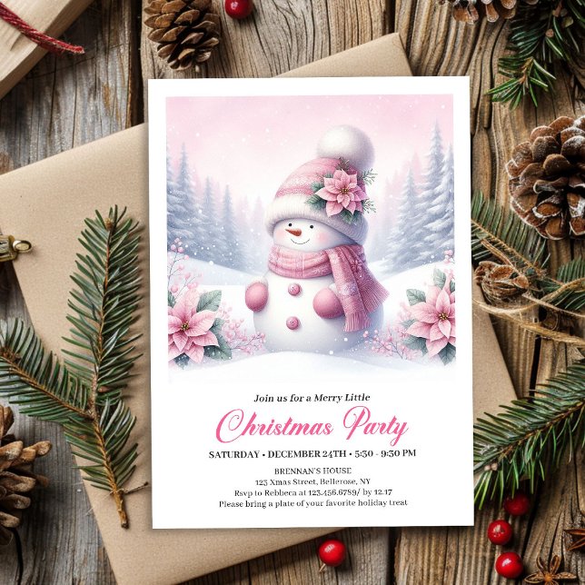 Convites Cute Snowy Forest Pink Snowman Kids Invite Digital (Cute Snowy Forest Pink Snowman Kids Invite Digital File)