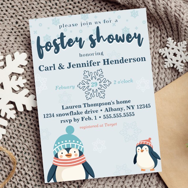 Convites Cute Snowy Penguin Foster Care Baby / Child Chá (foster care baby /child shower cute winter snowy penguin design blue gender neutral boy or girl )
